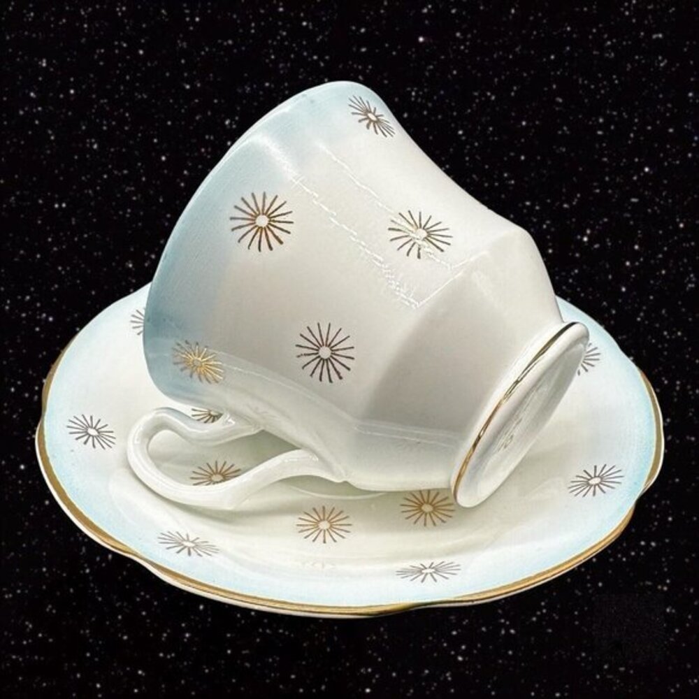 Royal Stuart Sunburst Cup and Saucer‎ Bone China England Spencer Stevenson 3.5”W